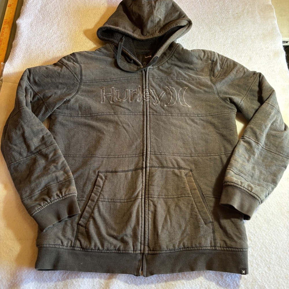 Y2K Hurley Mens L Gray Sherpa Lined Full Zip Hoodie‎ Jacket Logo Embroidered